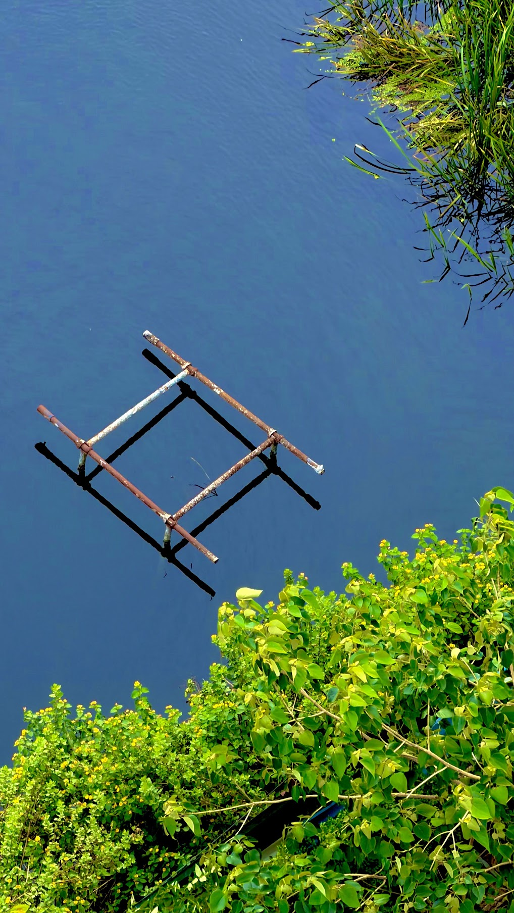 A geometric form and its shadow floating in blue water