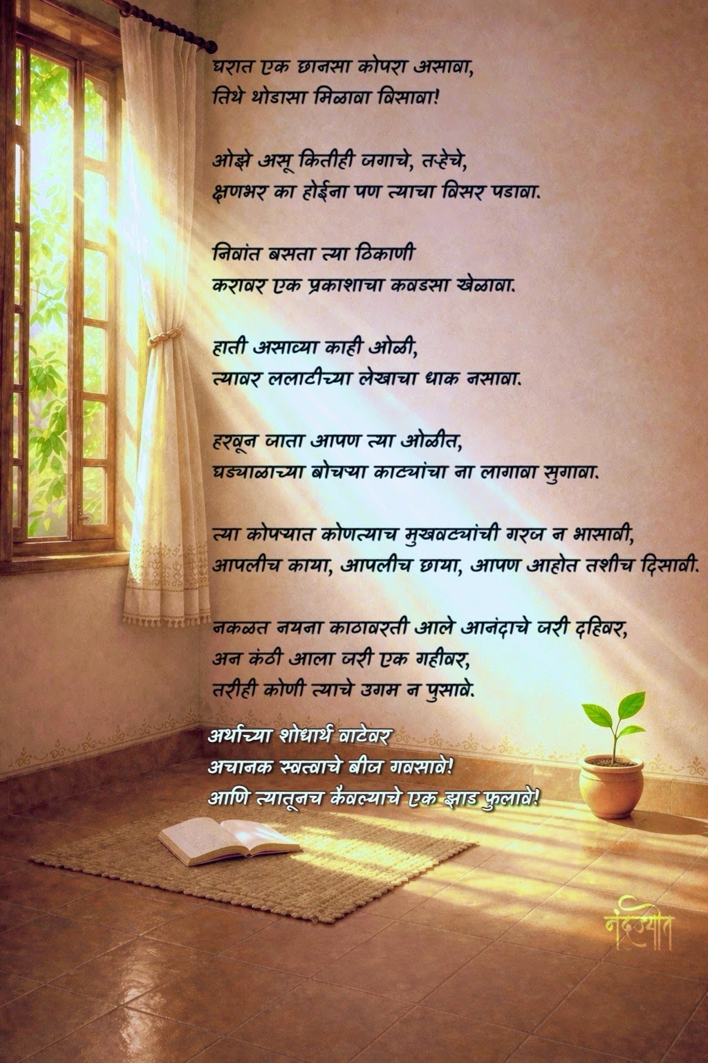 Marathi poem in a warm sunlit room with a small plant